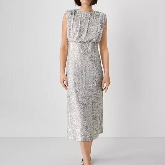 Blouson Silver Sequin Midi Dress; Sleeveless; Evening or Wedding; 8 Petite - Picture 15 of 15